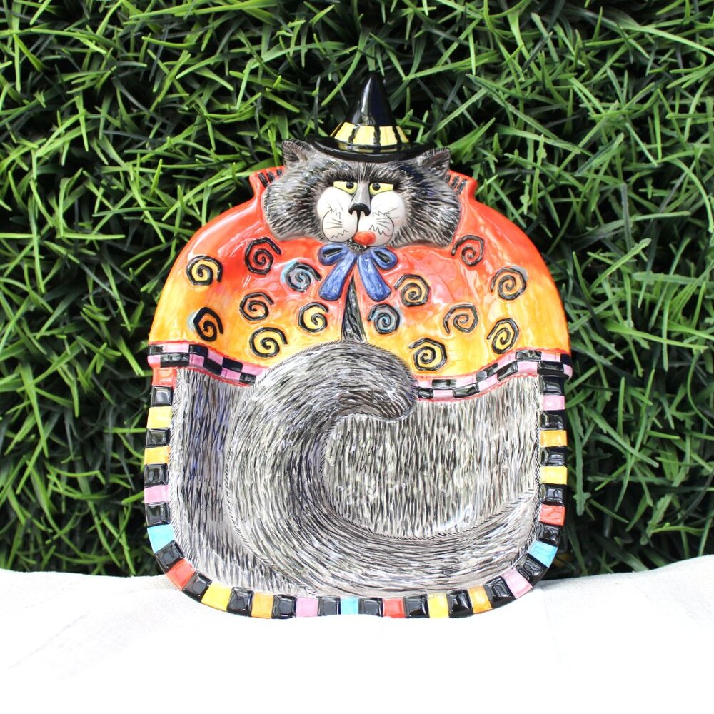 Fitz and Floyd Kitty Witches Halloween Canape Curly Q's Candy Dish Platter Plate